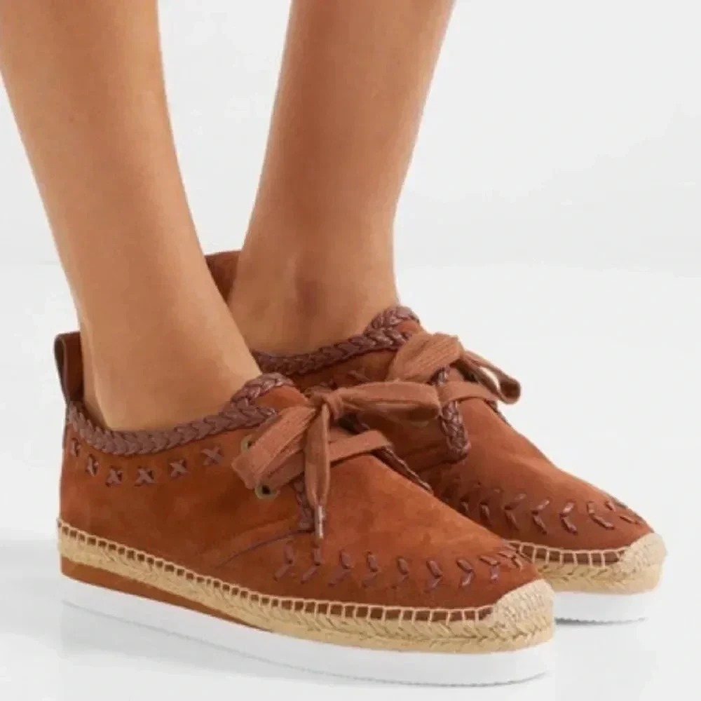 See by Chloe Espadrilles Sneakers Shoes Suede Whipstitch Trim Tan Brown Size 7